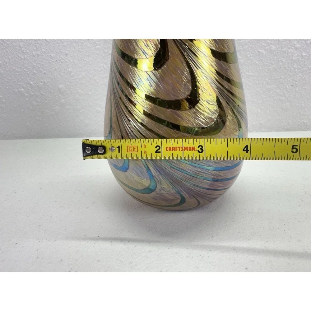 Teleflora Brown Iridescent Peach Opaque Art Glass Vase W/ Swirl Design 7